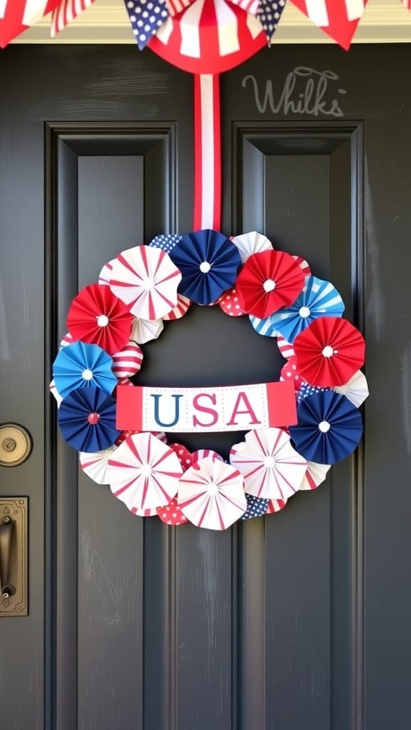 A colorful DIY paper rosette wreath in red, white, and blue with a 'USA' sign.