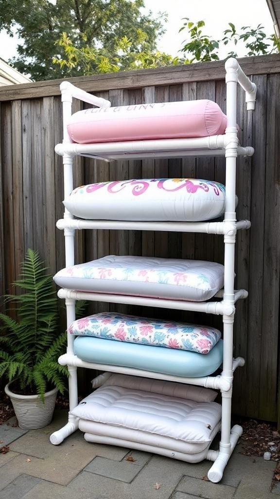 A DIY PVC rack holding colorful pool floats against a wooden fence.