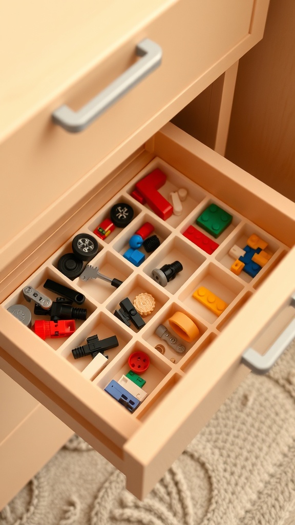 A neatly organized drawer with divided sections holding various Lego pieces.
