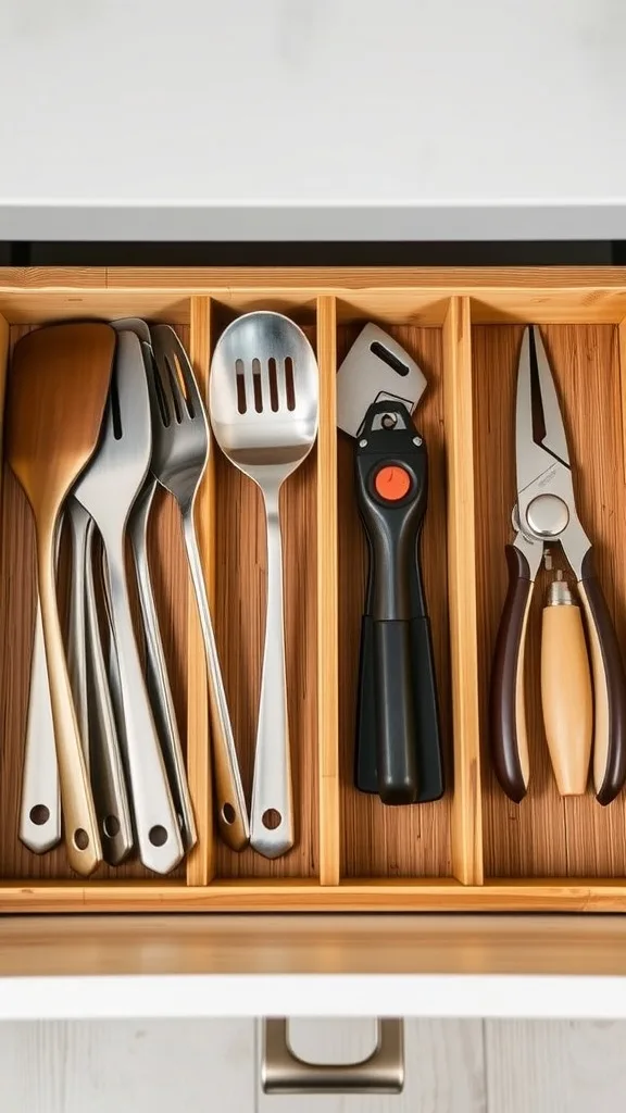 Organized drawer with utensils and gadgets in dividers.