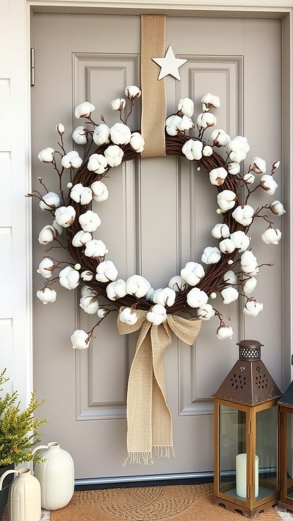 A farmhouse-style wreath with cotton blooms and a star, hanging on a door.