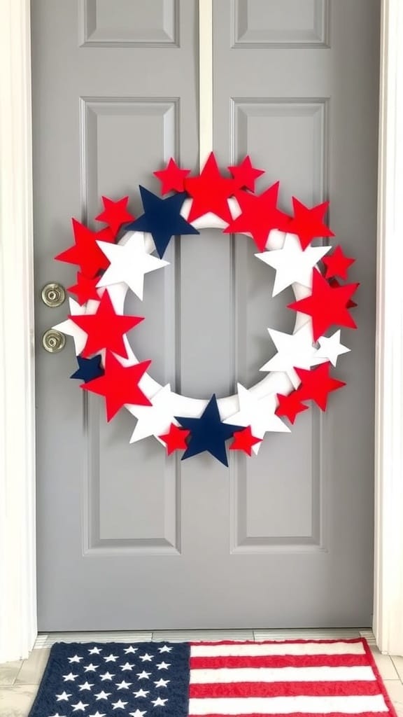 A colorful felt star wreath in red, white, and blue hanging on a door.