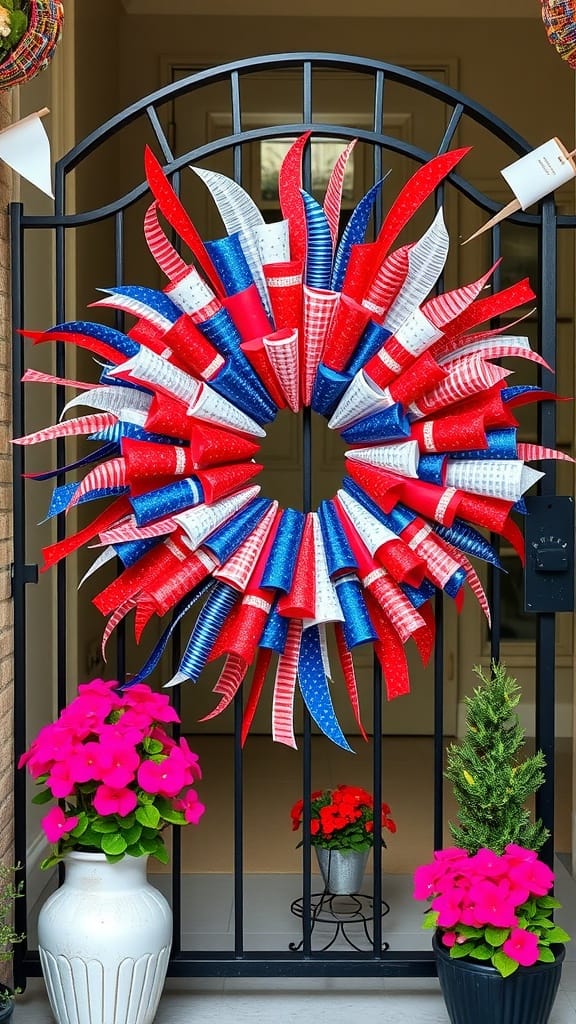 A colorful wreath made of red, white, and blue ribbons resembling firecrackers, displayed on a door.