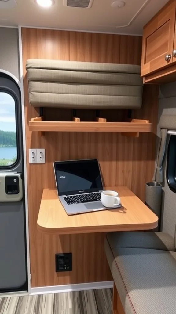 Fold-down wall-mounted table in an RV with a laptop and coffee cup.