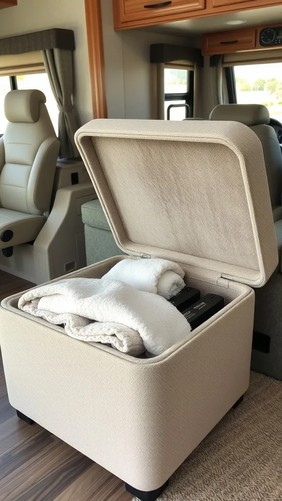A foldable ottoman with a lid opened, revealing blankets and storage inside.