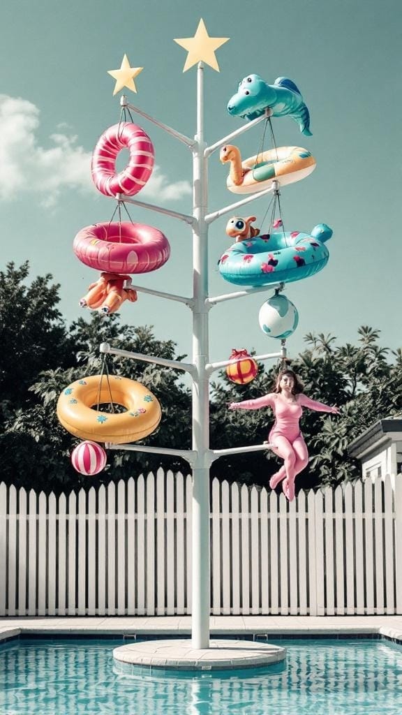 A colorful freestanding pool float tree holding various inflatable floats by a swimming pool.