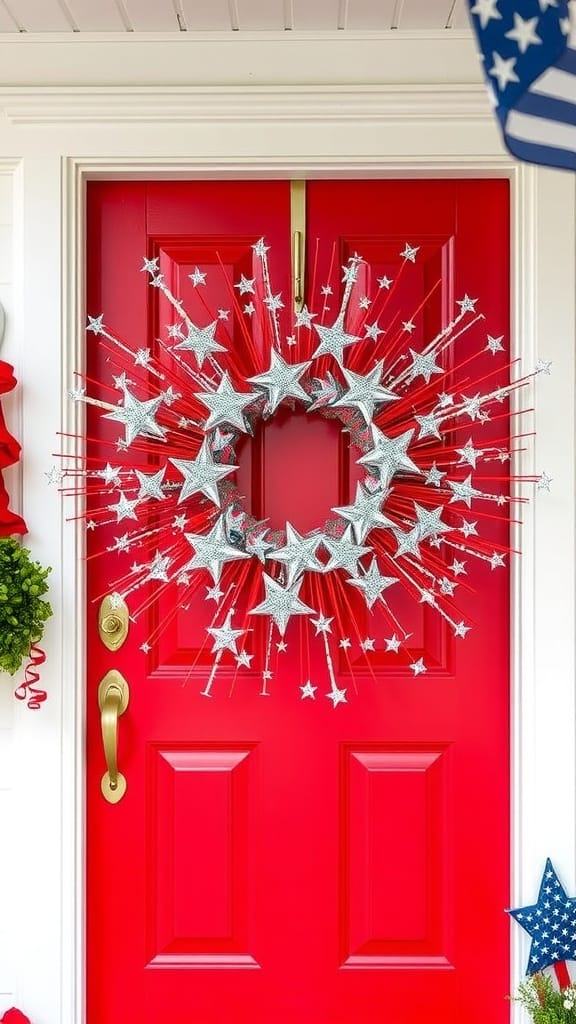A glittery starburst wreath with silver stars on a red door.