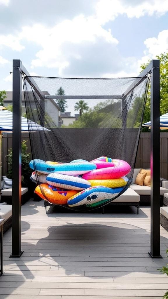 A hanging hammock filled with colorful pool floats in a backyard setting.