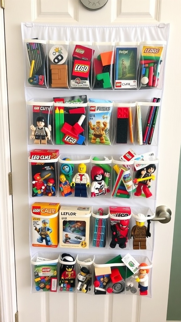 A hanging shoe organizer filled with various Lego pieces and mini-figures.