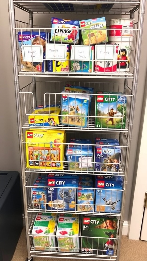 A metal shelving unit with hanging wire baskets filled with various Lego sets, neatly organized and labeled.