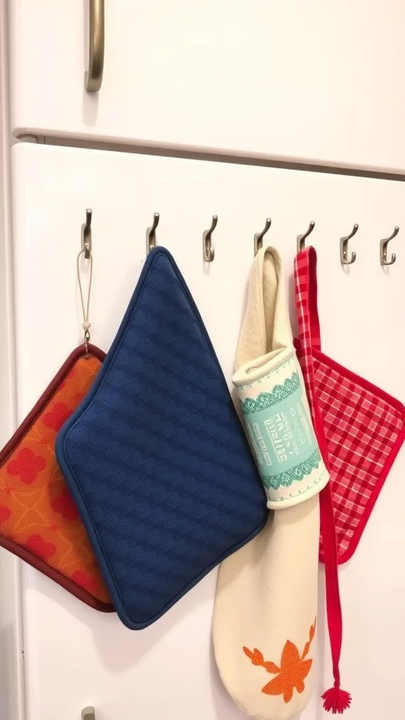 Hooks on cabinet sides holding pot holders and bags