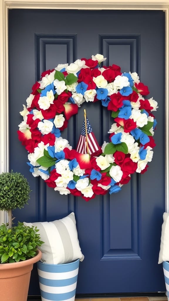 A colorful wreath made of hydrangeas and a small American flag, hanging on a blue door.