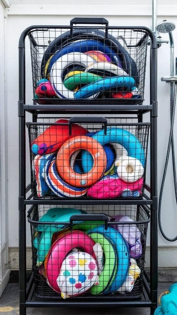 Three stacked industrial wire baskets filled with colorful pool floats and accessories.