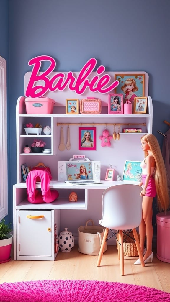A stylish Barbie-themed play station with a desk, colorful storage, and a Barbie doll.