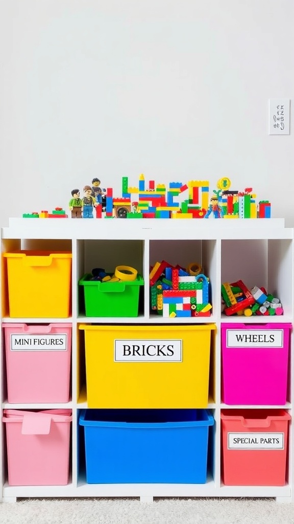 Colorful labeled plastic bins in a cube shelf for Lego storage.
