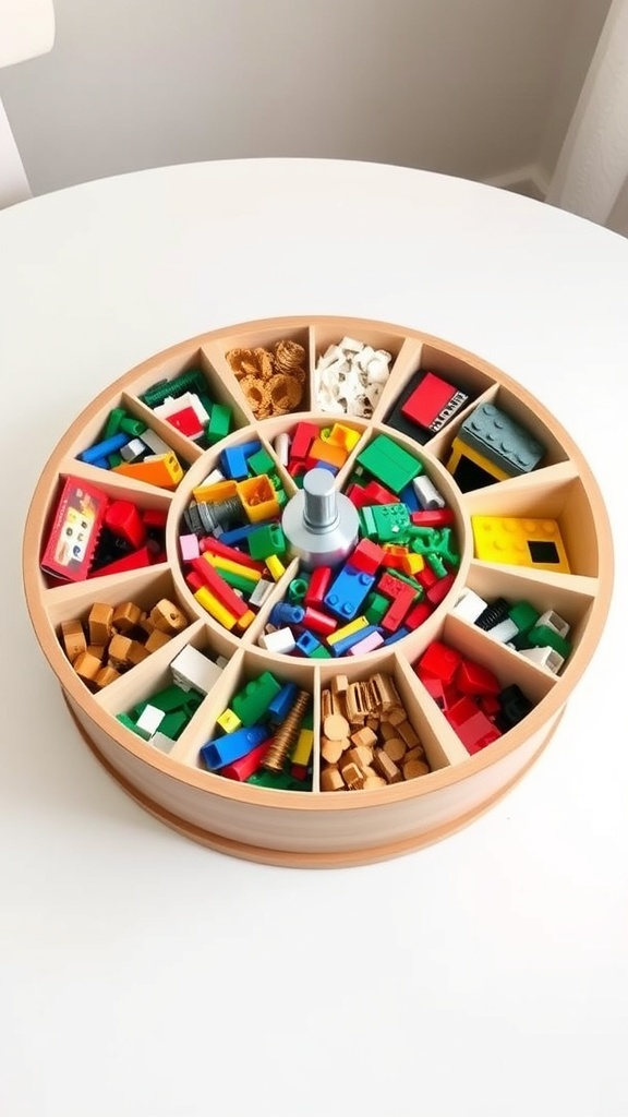 A Lazy Susan storage spinner filled with colorful Lego bricks organized in sections.