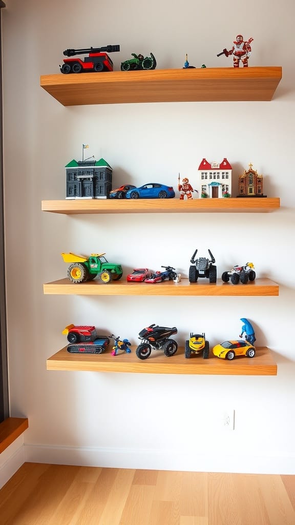 Lego display shelves showcasing various builds and vehicles.