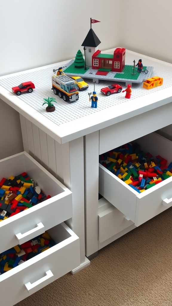 A Lego table with storage drawers filled with colorful Lego bricks and a Lego scene on top.