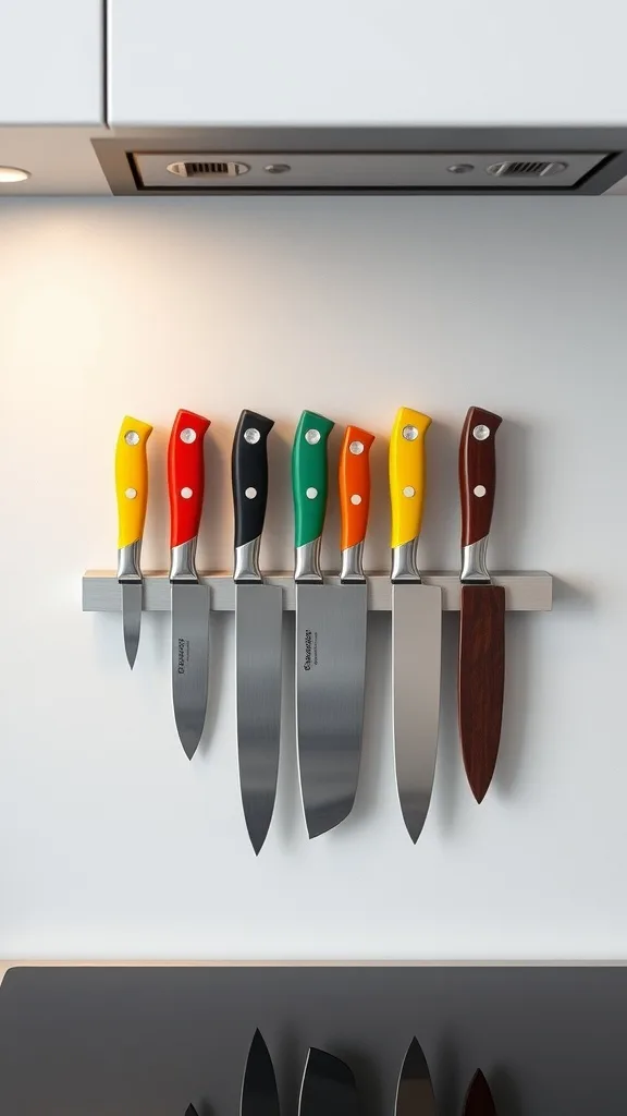 Magnetic knife strip with colorful handles and various knife sizes mounted on a kitchen wall.
