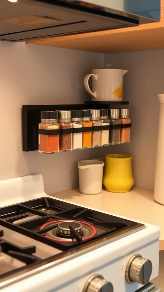Magnetic spice rack with labeled spice jars mounted on a wall
