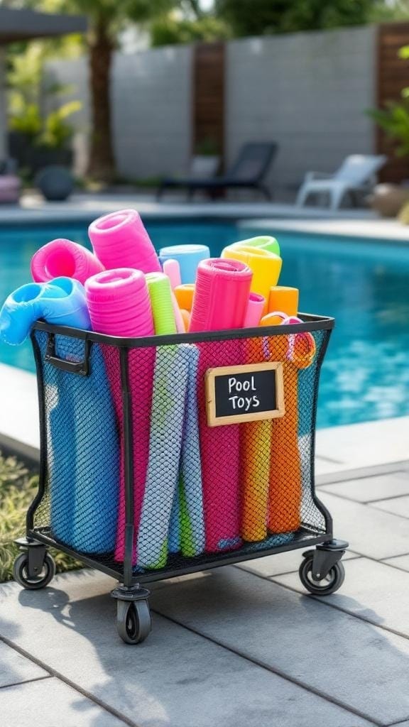 A mesh storage bin on wheels filled with colorful pool floats near a swimming pool.