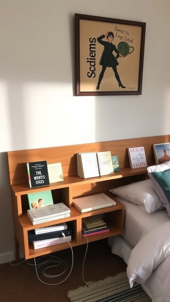 A mini bookshelf headboard cubby with books and a decorative frame.