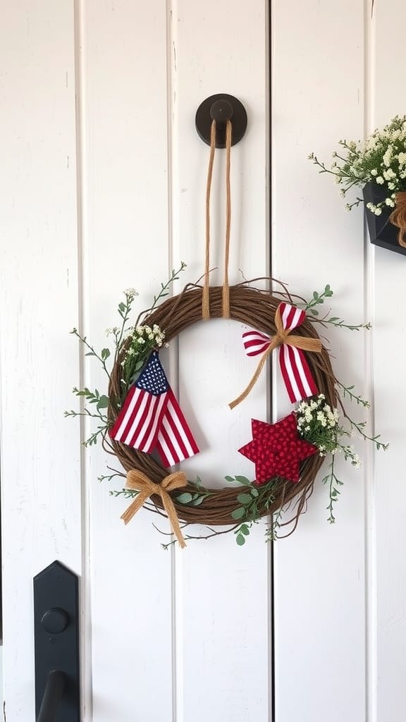 A mini flag grapevine wreath with small American flags and decorative elements.