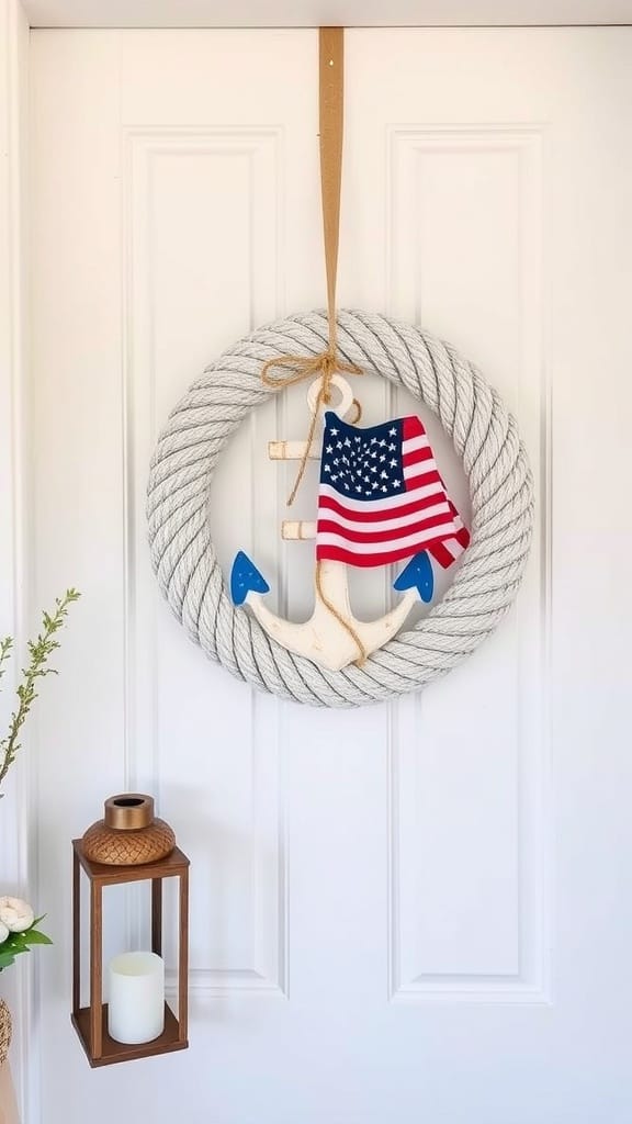 A nautical wreath featuring a rope design and an anchor with an American flag.