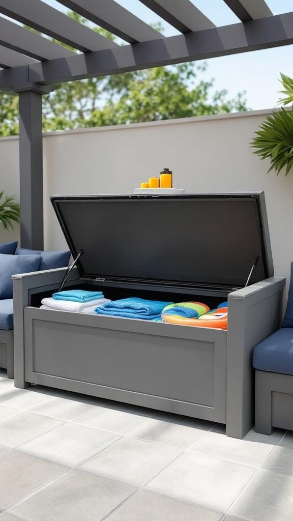 Outdoor bench with hidden storage for pool floats and towels
