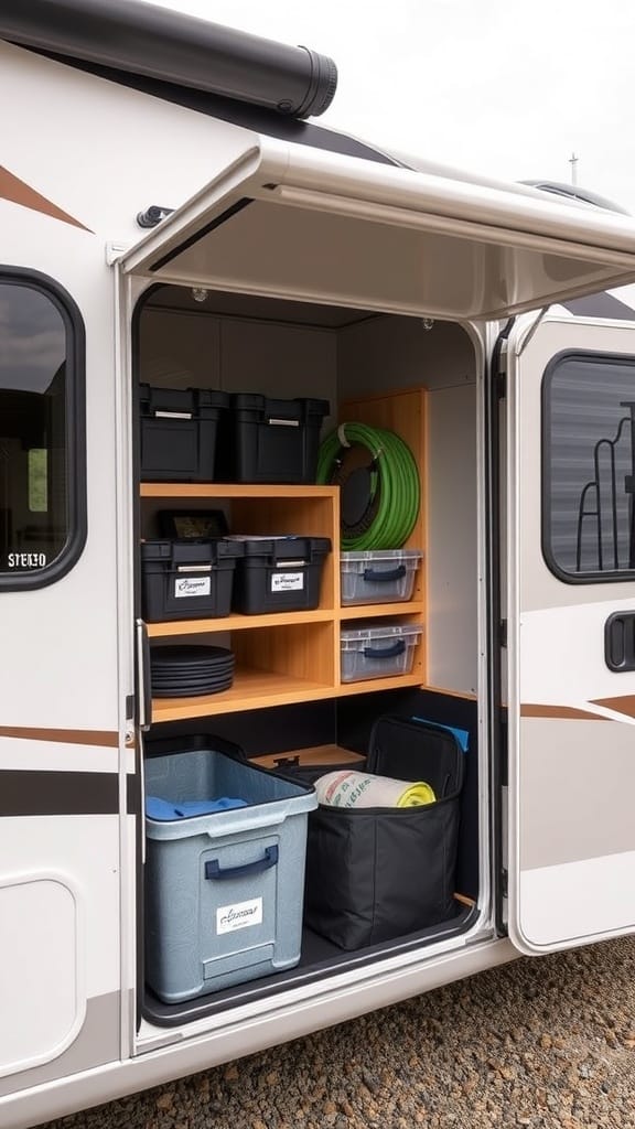 Organized outdoor storage compartment in an RV with bins and shelves.