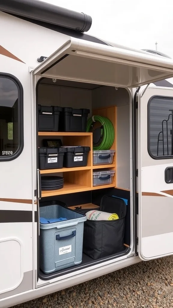 Organized outdoor storage compartment in an RV with bins and shelves.