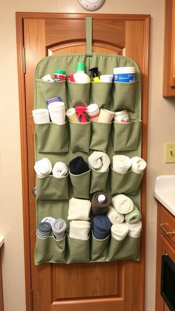 An over-the-door pocket organizer filled with various cleaning supplies and rolled towels.