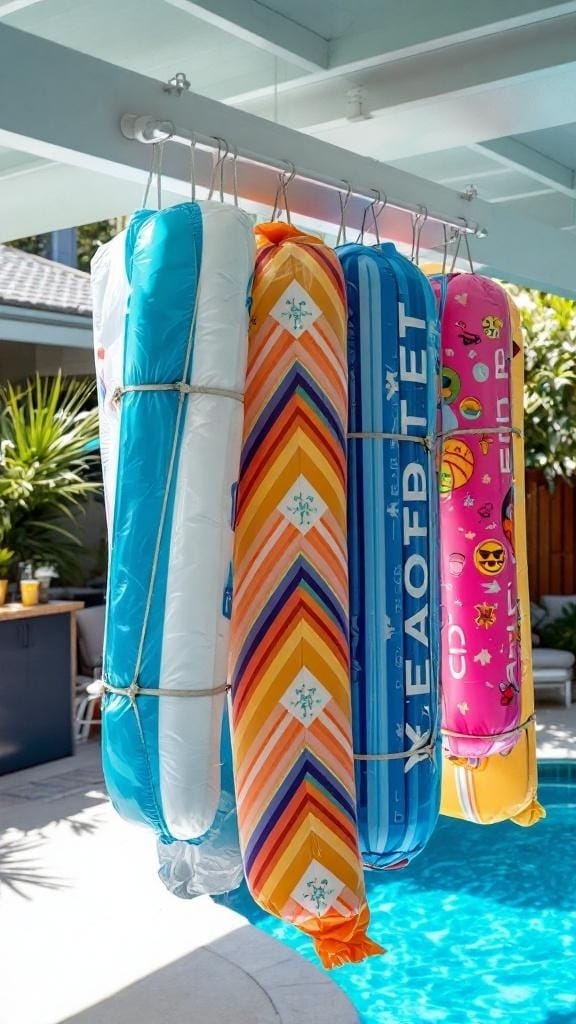 Colorful pool floats hanging from a rod above a swimming pool.