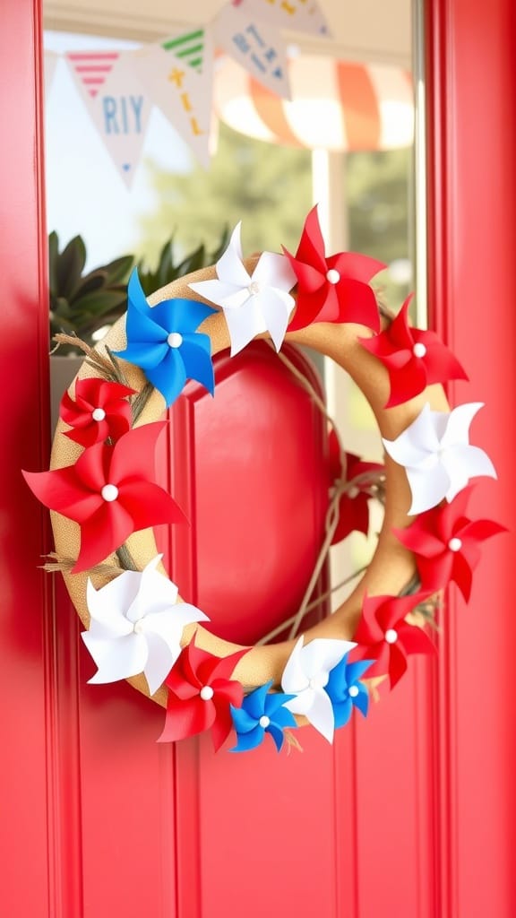 A wreath featuring red, white, and blue pinwheels on a golden base, hanging on a red door.