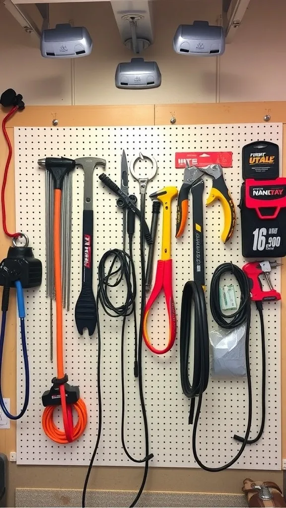 Pegboard displaying various tools and hooks for organization.