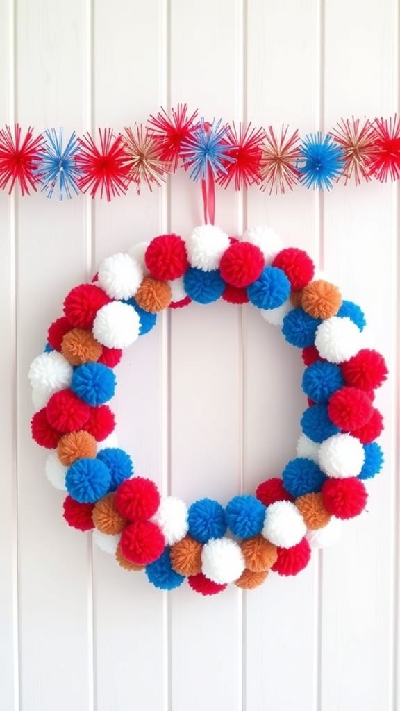 Colorful pom-pom yarn wreath in red, white, and blue