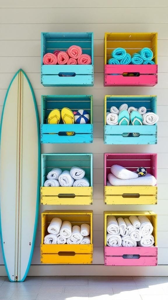 Colorful wall-mounted crates filled with towels and pool accessories