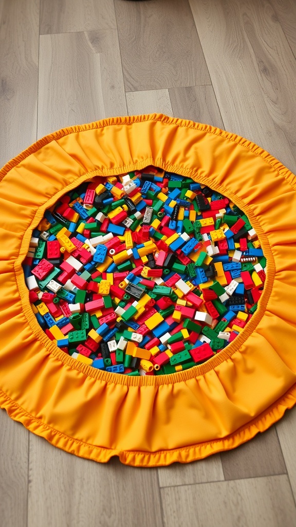 A colorful portable Lego play mat filled with various Lego bricks, featuring a zipper for easy storage.