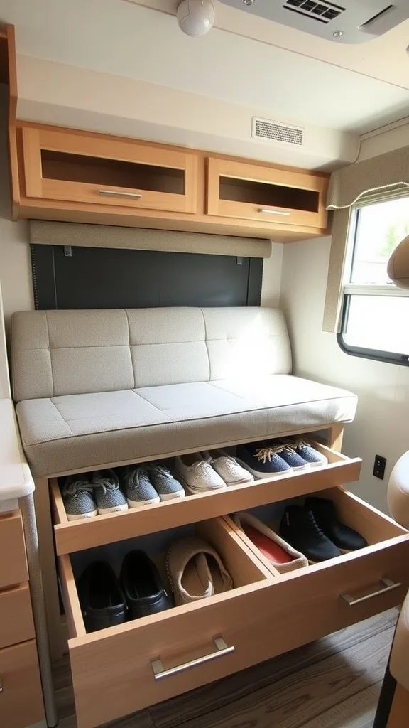 Pull-out shoe drawers under a dinette in an RV, showcasing organized footwear storage.