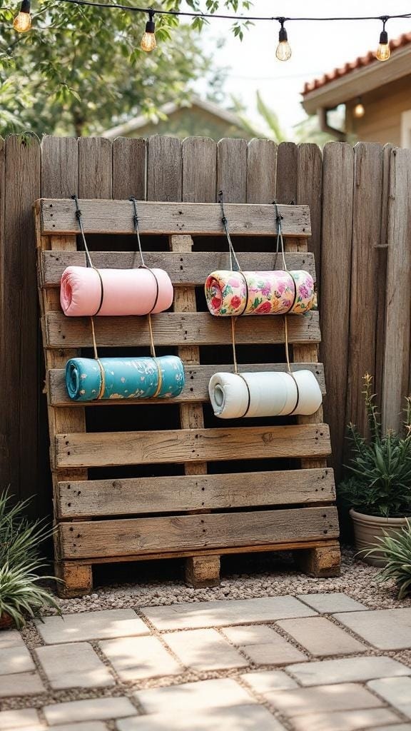 A wooden pallet with colorful pool floats hanging on it, set against a fence.
