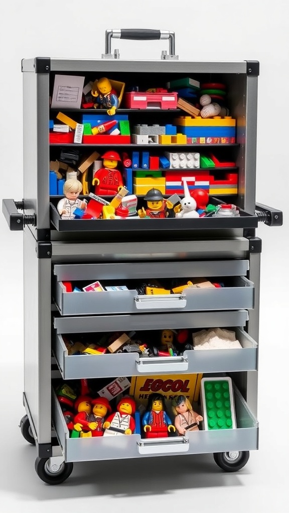 A tool chest filled with colorful Lego bricks and figures, showcasing organized storage.