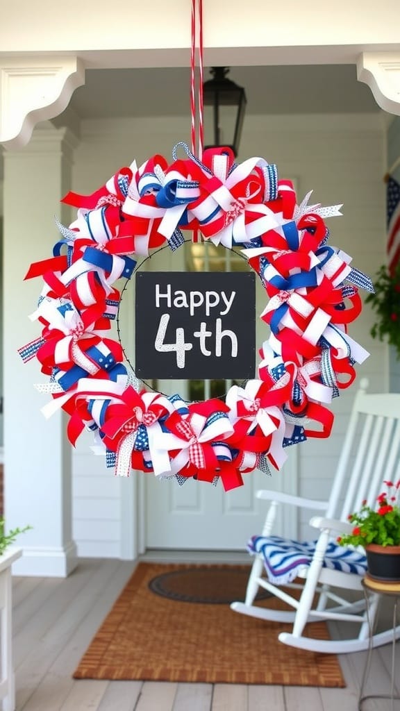 A colorful wreath made of red, white, and blue ribbons with a sign that says 'Happy 4th'.