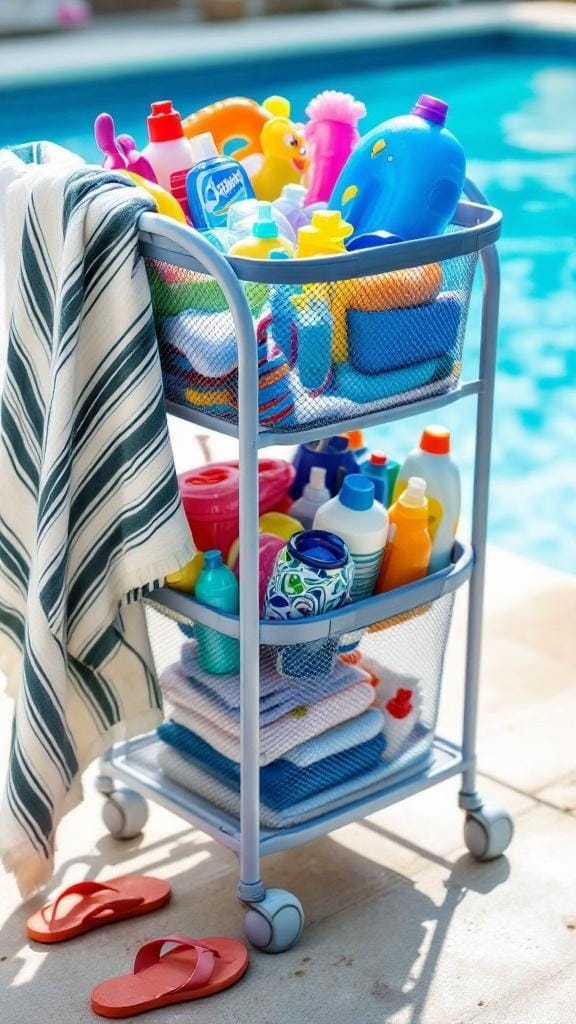 A rolling laundry cart filled with colorful pool floats, towels, and sunscreen, positioned by a swimming pool.