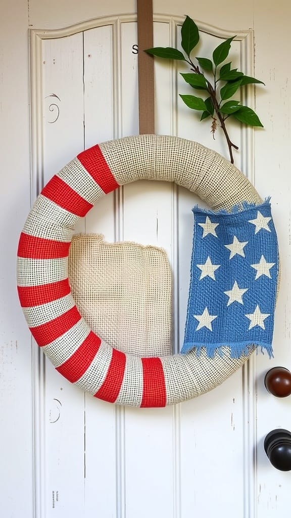 A rustic burlap wreath featuring red stripes and a blue star patch, perfect for 4th of July decoration.