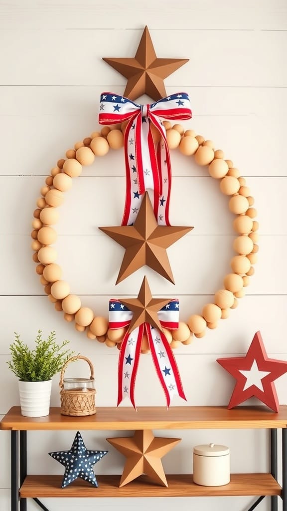 A rustic wooden bead wreath with stars and red, white, and blue ribbons.