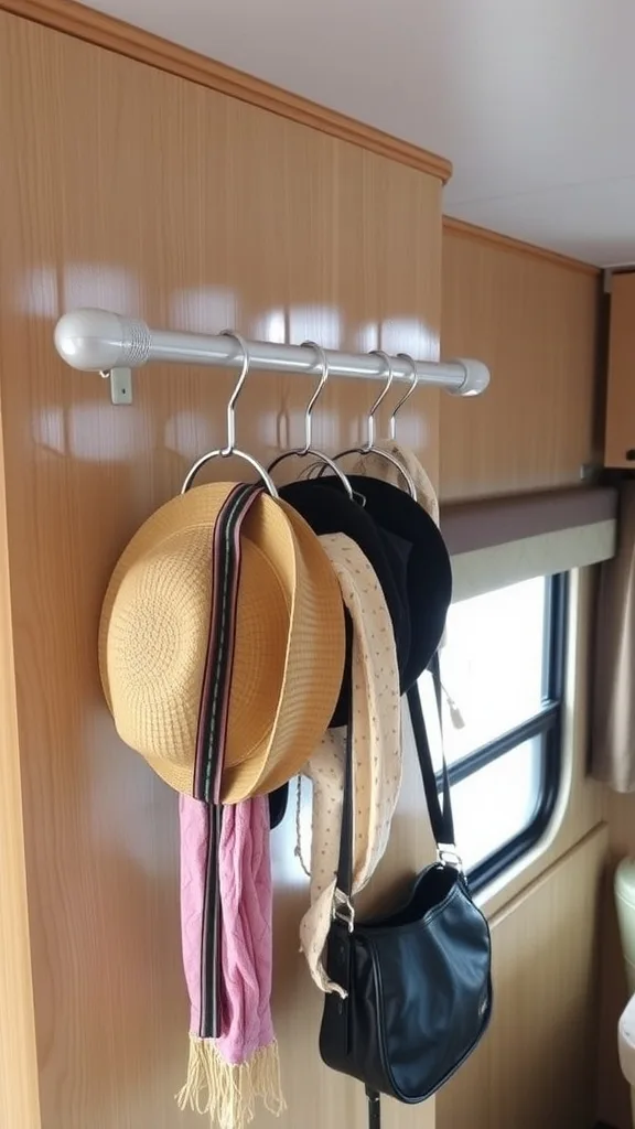 Shower curtain rings holding hats and a small bag on a rod.