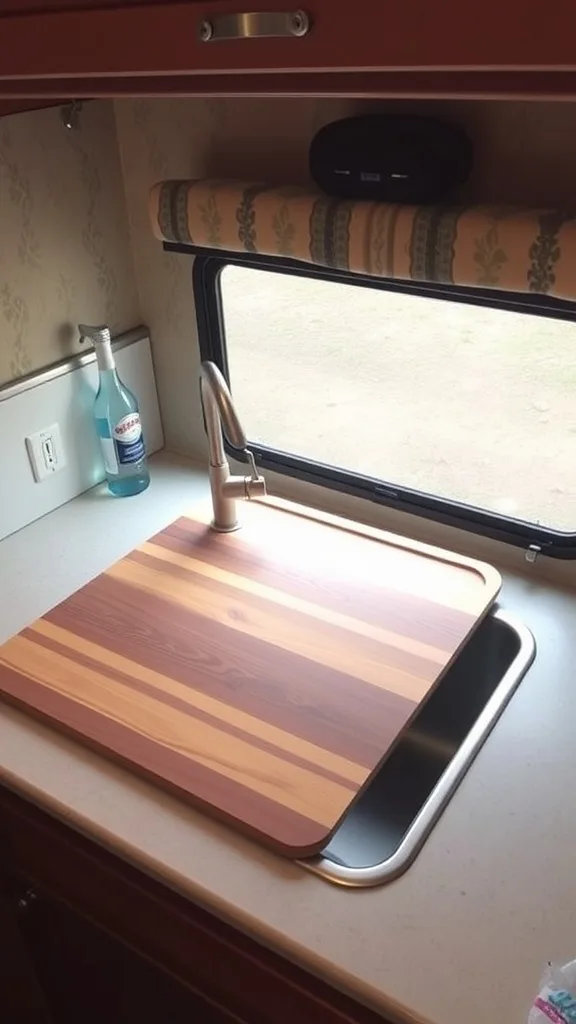 A wooden cutting board covering a sink in an RV kitchen.