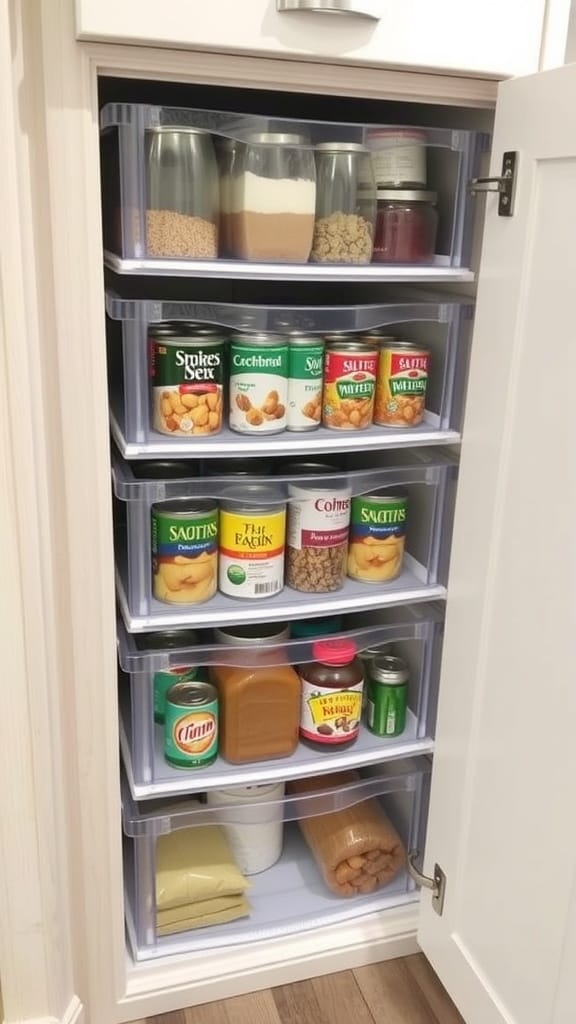 Organized pantry with stackable storage drawers labeled for easy access.