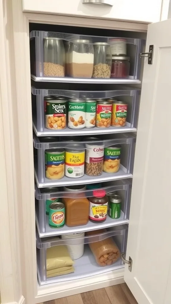Organized pantry with stackable storage drawers labeled for easy access.