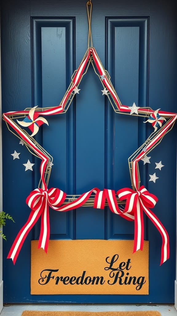 A star-shaped wire wreath decorated with red and blue ribbons, hanging on a blue door with a welcome mat that says 'Let Freedom Ring'.
